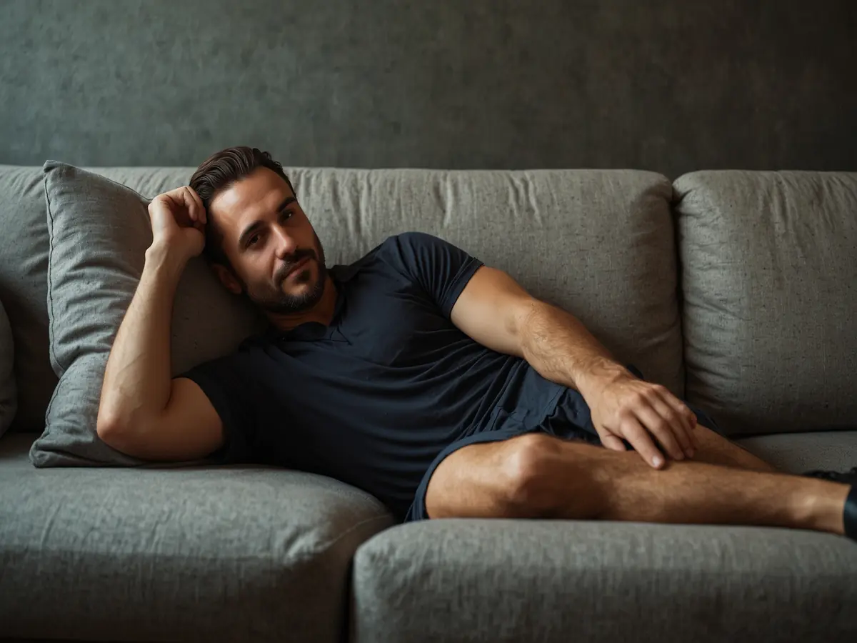 uomo stanchissimo steso sul divano