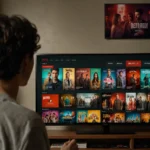 persone che guardano una tv con la schermata di Netflix
