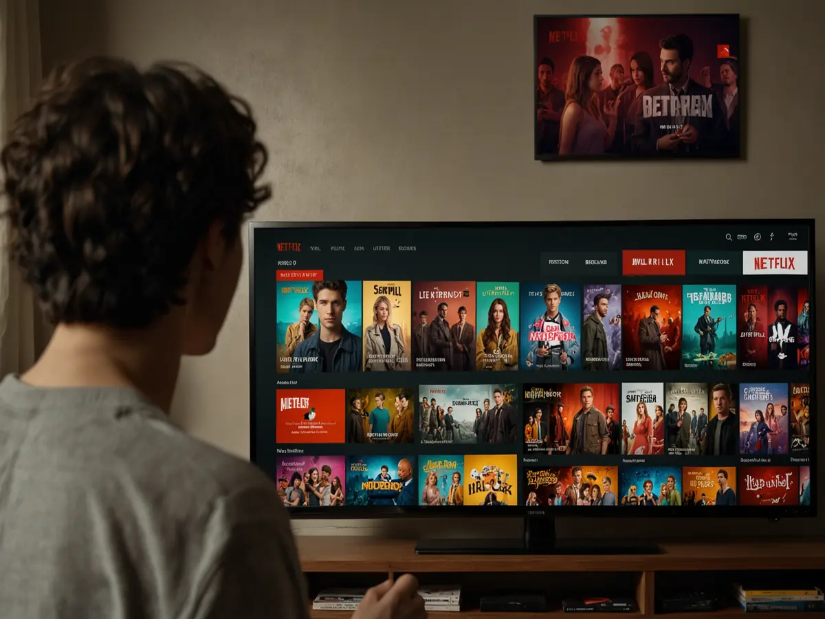 persone che guardano una tv con la schermata di Netflix