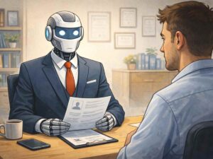 Persona che fa colloquio di lavoro con un robot