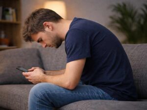 Persona ingobbita sullo smartphone