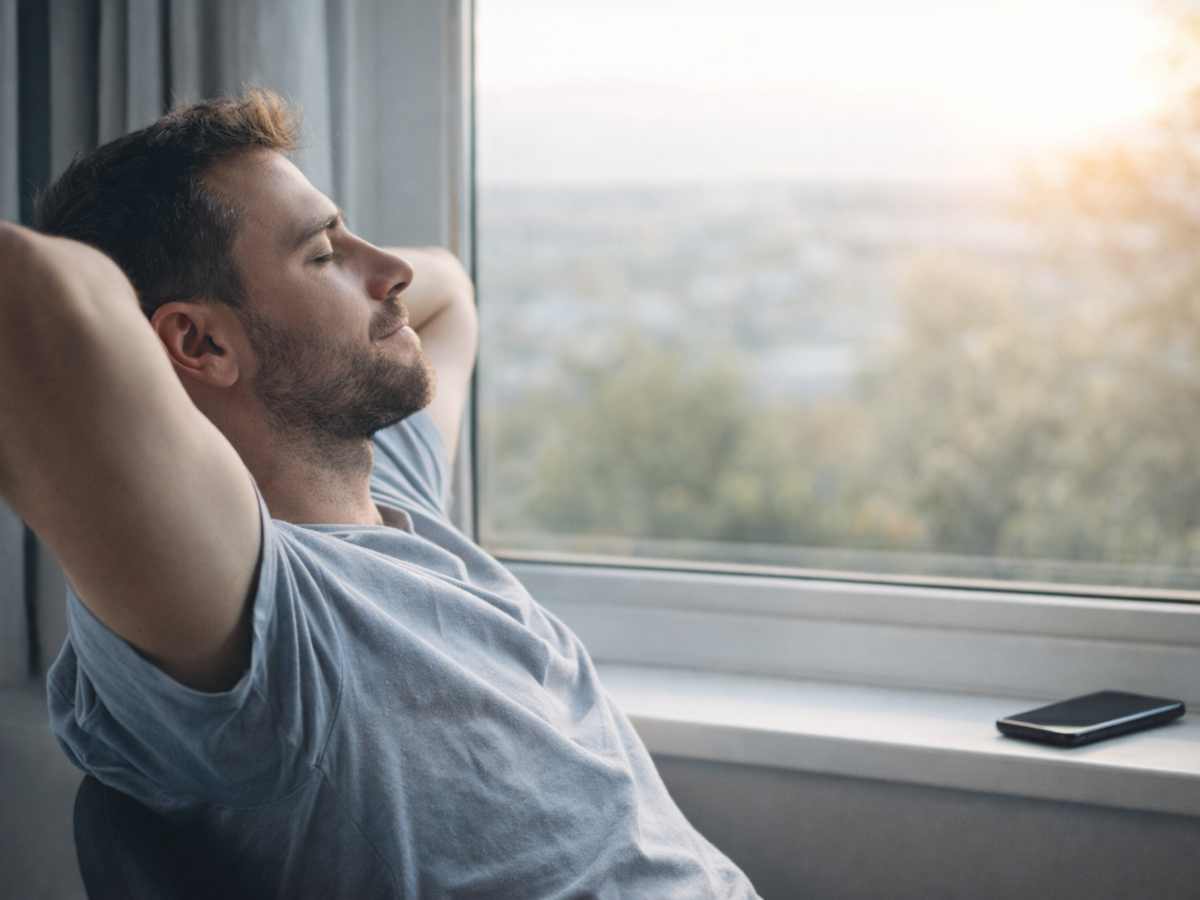 Uomo rilassato alla finestra con smartphone