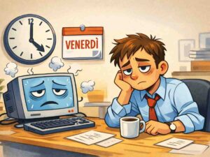 cartoon di persona stanca con pc che fuma