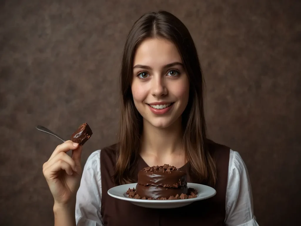 ragazza molto bella che mangia un pezzo di cioccolata fondente sentendosi felice