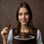 ragazza molto bella che mangia un pezzo di cioccolata fondente sentendosi felice