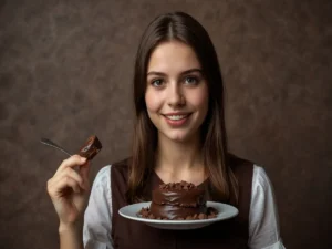 ragazza molto bella che mangia un pezzo di cioccolata fondente sentendosi felice